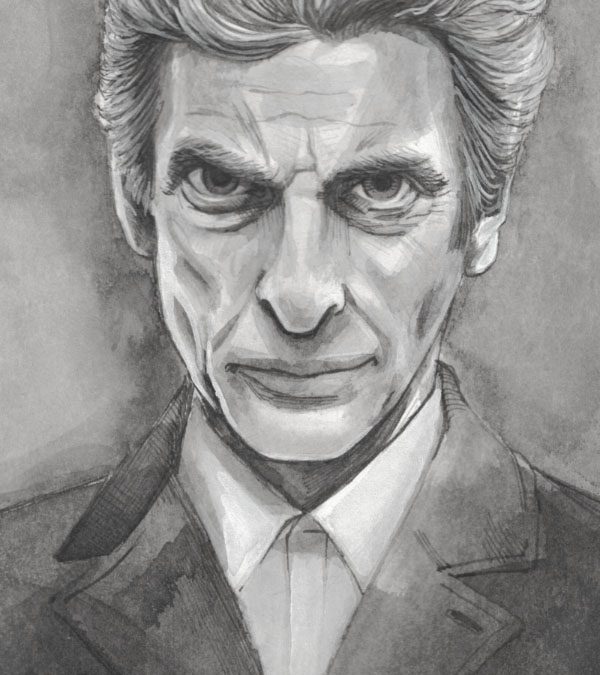 Attack Eyebrows. Portrait, Peter Capaldi. Ink on watercolour paper. ~6×9″