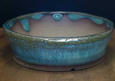 Green/Turquoise round tan clay shohin pot - 4.6"W x 1.4"H  CA$25